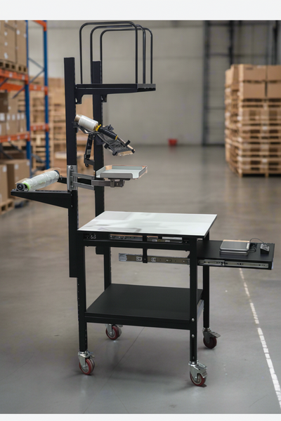 Multifunctional station with various attachments in a warehouse setting