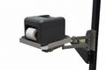 A gray Label Printer Rack with a side tray, mounted on a black metal structure, designed to hold a label printer for packaging and shipping.