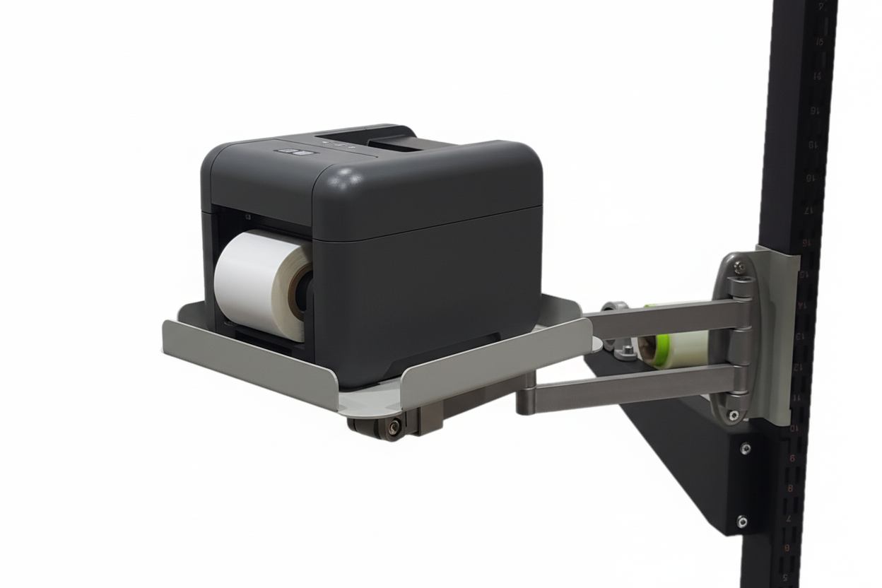 A gray Label Printer Rack with a side tray, mounted on a black metal structure, designed to hold a label printer for packaging and shipping.