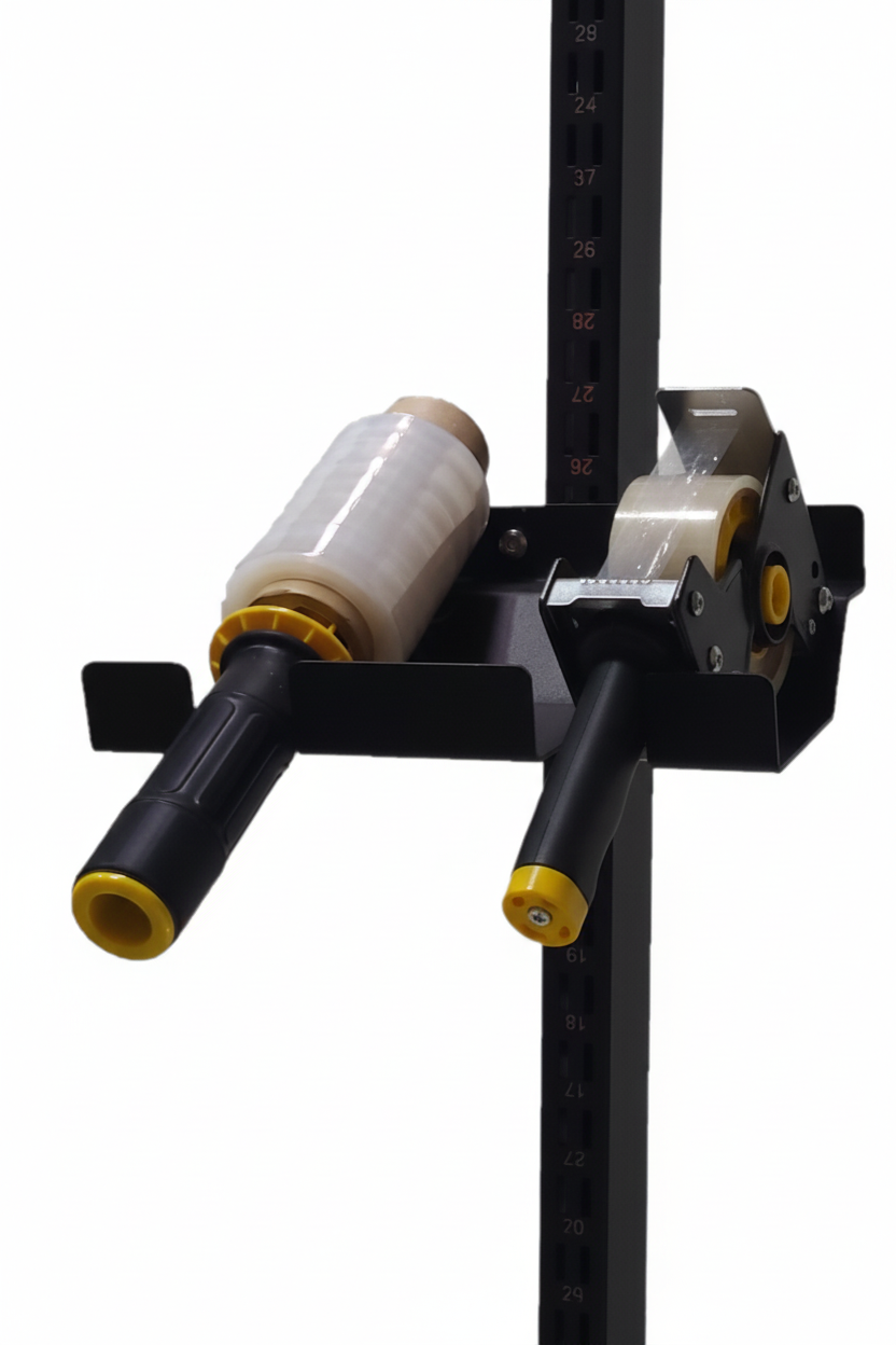 A black Twin Tape Gun Holder mounted on a grey shipping table, designed to hold two tape guns or other packing items.